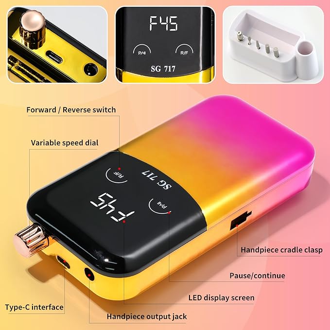 LIMEGIRL Professional Electric Nail File Drill Bits Kit 45000RPM for Acrylic Toenail Machine Clippers with 14 Drill Bit Gradient Yellow Portable Rechargeable Cordless