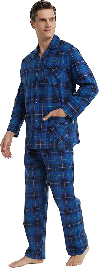 GLOBAL Men's Pajamas Sets 100% Cotton Flannel Sleepwear Long-Sleeve top & Bottom