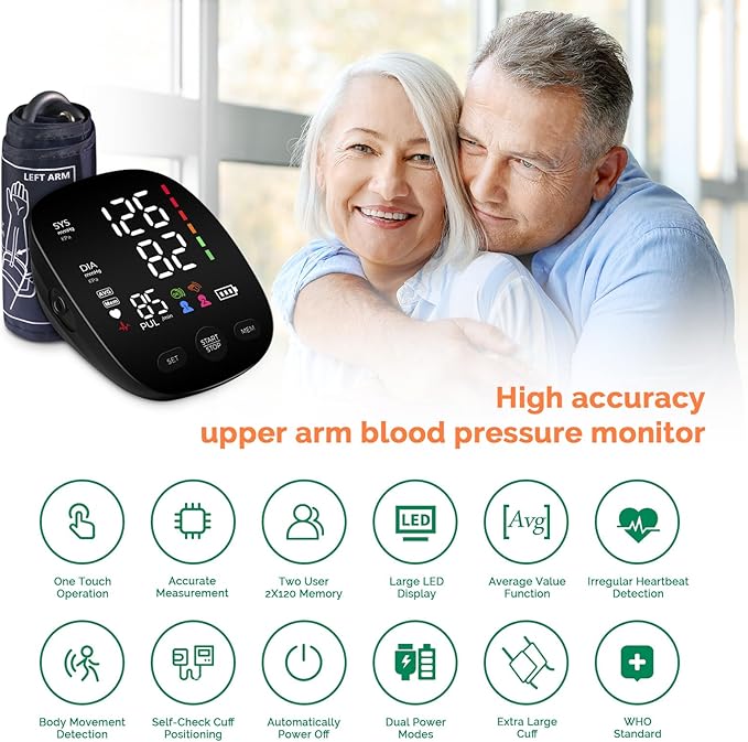 Blood Pressure Monitor Automatic Upper Arm Blood Pressure Cuff, 9"-21" Adjustable Extra Large Bp Cuff with Clear LED Display, Dual User 240 Set Memory Digital Bp Machine for Home Use with Carrying Bag