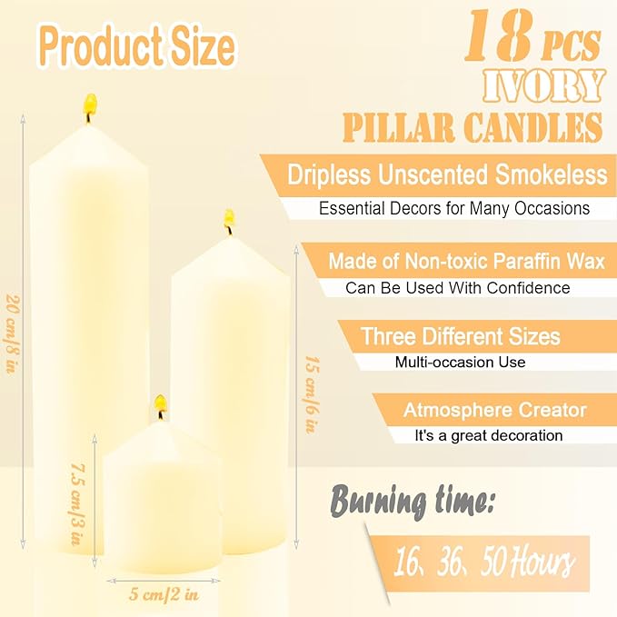 18 Pcs Ivory Pillar Candles Bulk Set，2x3 2x6 2x8 Inch - 12 Each Size，Hurricane Candles，Dripless Unscented Smokeless，Gives You a Better Atmosphere When Organizing Wedding or Event Party.