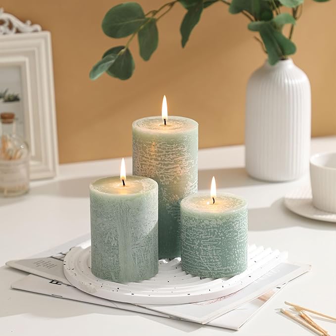 3x6 Inch Sage Green Pillar Candles Set of 3 - Unscented Spring, Long Clean Burning, Large Smokeless Dripless for Home Decor, Dinner Table, Bathroom, Rustic Decor