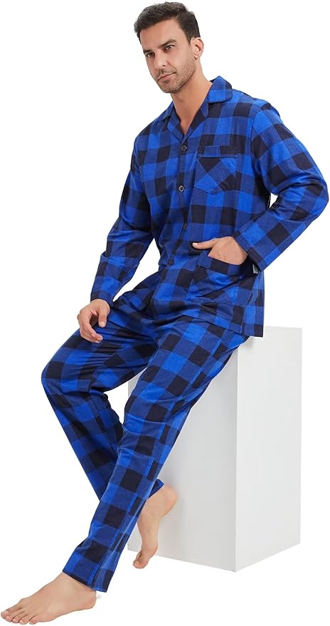 GLOBAL Men's Pajamas Sets 100% Cotton Flannel Sleepwear Long-Sleeve top & Bottom