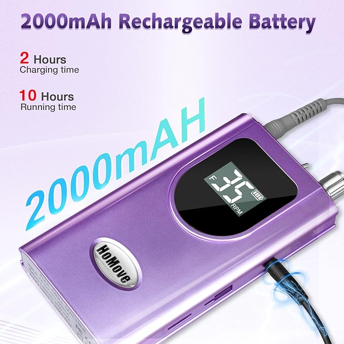 Professional Nail Drill Machine, HoMove 35000RPM Portable Nail Drills, Rechargeable Efile Nails Drill, Low Heat Electric Nail File for Acrylic Gel Nails（Violet）