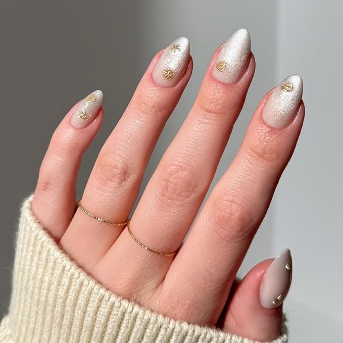 Glamnetic Press On Nails - Sanded | Short Almond Nude Fake Nails with Raised Gold Shell Accents, Salon Quality Summer Nails | 15 Sizes - 30 Nail Kit with Glue
