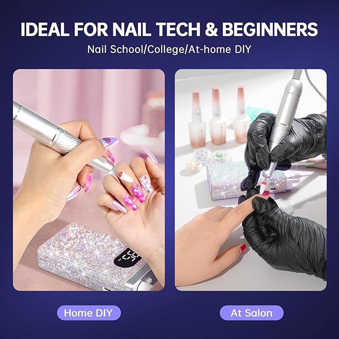 Rechargeable 35000RPM Nail Drill Sparkling Portable Professional Electric Nail File with 12 Drill Bit for Acrylic/Gel Nails Professional Nail Tools for Manicure Pedicure, Glitter