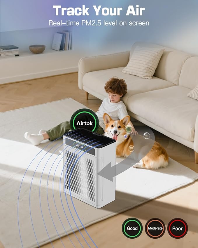 Air Purifiers for Home Large Room Up to 1848sq.ft, Airtok Air purifier for Home Pet, Washable Pre-Filter Air Quality Monitor HEAP Sleep Mode Air Cleaner for Bedroom, Dorm room, Office, AP3001 White