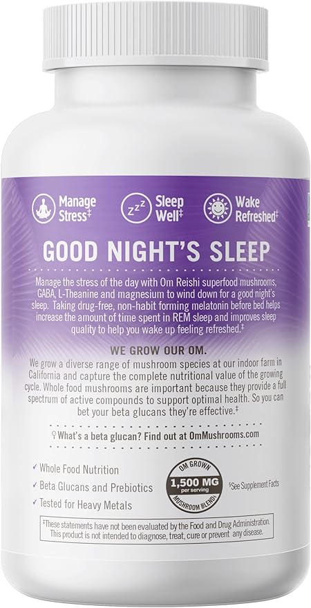 OM Mushroom Superfood Sleep Mushroom Capsules Superfood Supplement, 90 Count, 30 Days, Reishi, GABA, L-Theanine, Melatonin for Rest & Sleep Quality Superfood Supplement