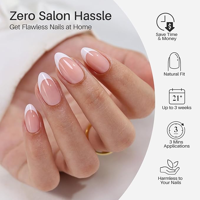 White French Tip Press on Nails Short - Soft Gel Almond Nails for Women Gift, Fit Perfectly & Natural Glue on Nails in 16 Sizes - 32 Reusable Fake Nails with Glue, French White
