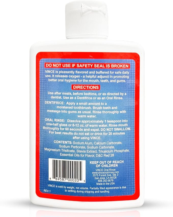 Vince Gum and Mouth Powder - Daily Use Dentifrice - Oxygenating Bubbles - Bad Breath - Gingivitis - Irritated or Bleeding Gums - Canker Sore - Inflammation - Wounds - Cleanse & Refresh - 4 Ounce