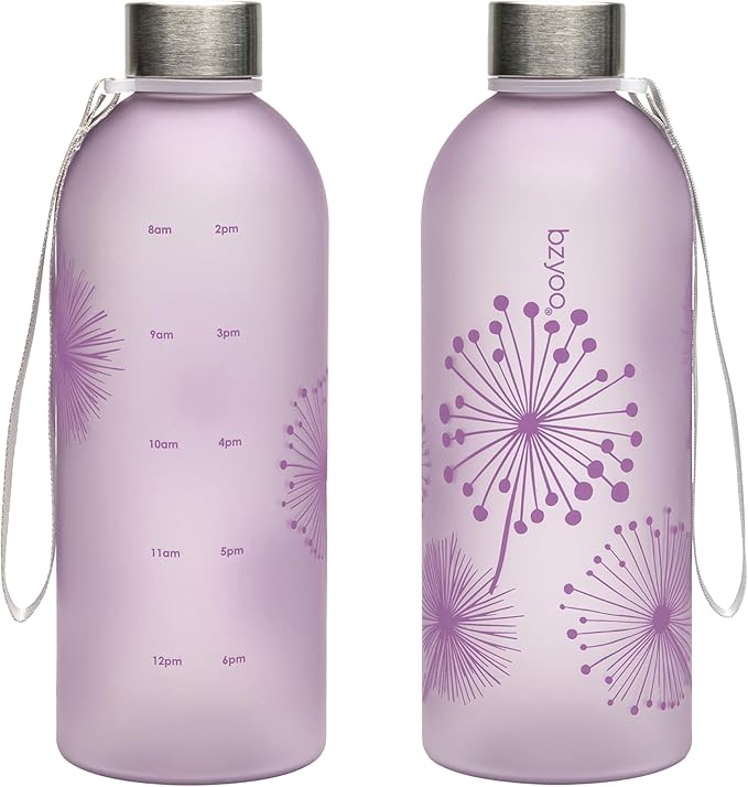 bzyoo 32oz 1 Liter Clear Water Bottle with Time Marker, Dandelion Design, Durable Plastic, BPA-Free, Reusable with Measurement Markings for Fitness and Outdoor Activities (Color: Purple)