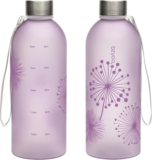 bzyoo 32oz 1 Liter Clear Water Bottle with Time Marker, Dandelion Design, Durable Plastic, BPA-Free, Reusable with Measurement Markings for Fitness and Outdoor Activities (Color: Purple)