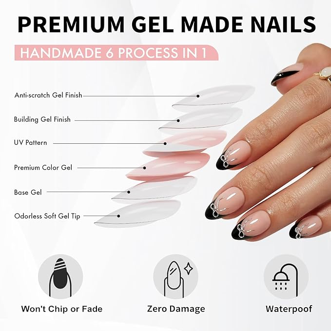 Black French Tip Press on Nails Short with 3D Bow Design - Soft Gel Almond Fake Nails for Women Gift, Natural Stick on Nails with Glue in 16 Sizes - 32 Reusable Nails, Silver Ribbon