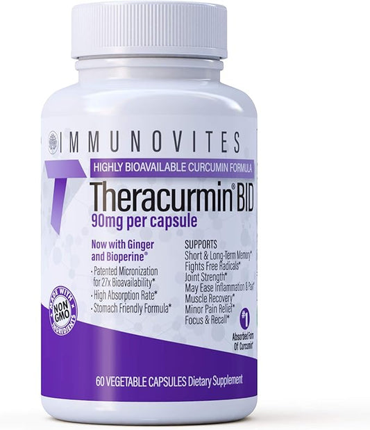 IMMUNOVITES Theracurmin BID 300mg (Nano Curcumin 90mg per Cap.) [[600mg per Serving]] - Now w/Ginger & Bioperine (60ct Bottle)