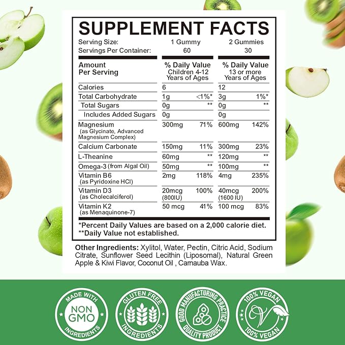 Liposomal Kids Magnesium Gummies- Magnesium Glycinate Gummies for Kids Supplement-w/Omega-3, Vitamin B6, D3- Support Calm Stress Relief, Bones, Mood, Green Apple & Kiwi Flavor, 60 Count