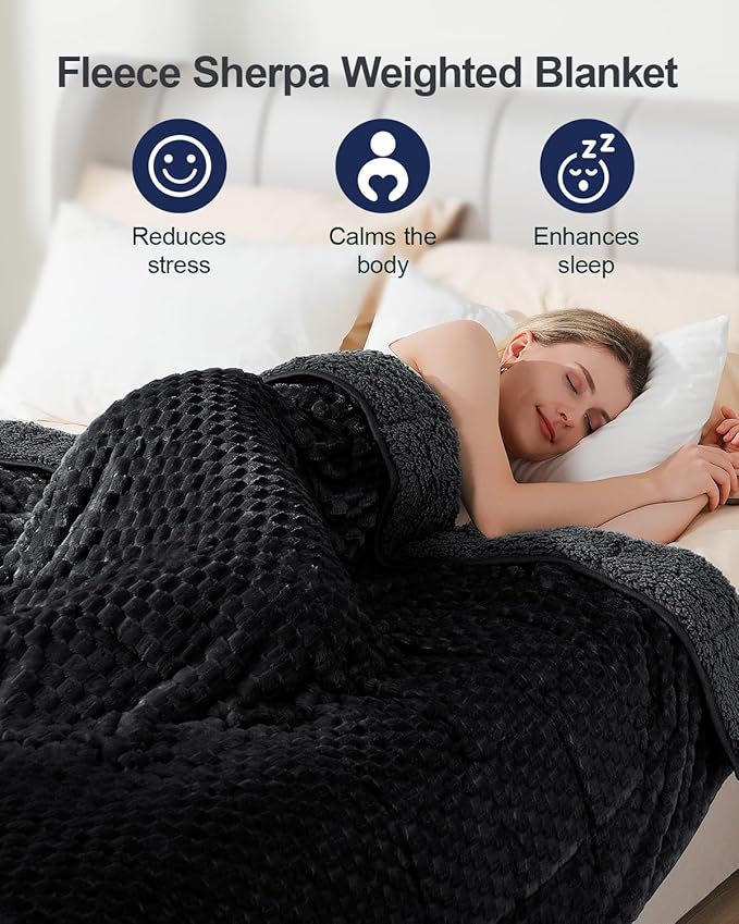 Super Soft Luxury Fleece Sherpa 20 lbs Weighted Blanket for Adults, Turtle Shell Fuzzy Cozy Warm Queen Weighted Throw for Winter, Ceramic Beads Washable Heavy Blankets for Couch Bed, Black, 60" x 80"