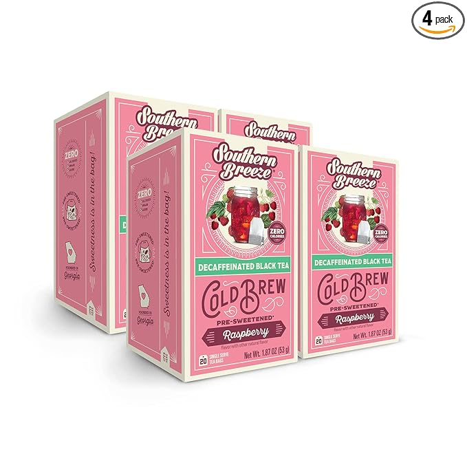 Southern Breeze Decaf Cold Brew Sweet Tea Raspberry Iced Tea with Black Tea and Zero Carbs Zero Sugar, 20 Individually Wrapped Tea Bags, Pack of 4