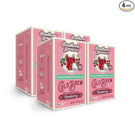 Southern Breeze Decaf Cold Brew Sweet Tea Raspberry Iced Tea with Black Tea and Zero Carbs Zero Sugar, 20 Individually Wrapped Tea Bags, Pack of 4
