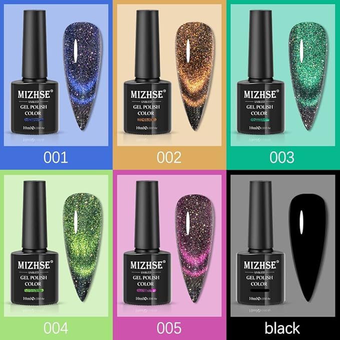 MIZHSE Reflective Glitter 9D Cat Eye Gel Nail Polish, Galaxy Magnetic Gel Polish Set with Magnet Stick, Holographic Chameleon Shimmery Effect Soak Off Nail Art Manicure Kit
