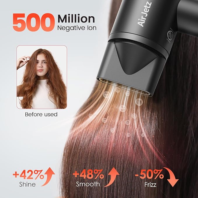 Hair Dryer, 160,000 RPM High-Speed Ionic Blow Dryer for Fast Drying, Professional Lightweight Hairdryer with Diffuser, Magnetic Nozzle, 4 Temps & 2 Speeds, Low Noise for Travel - Black