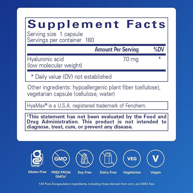 Pure Encapsulations Hyaluronic Acid - for Skin Hydration, Joint Lubrication & Joint Health* - Effective Absorption - Gluten Free - Vegan & Non-GMO - 180 Capsules