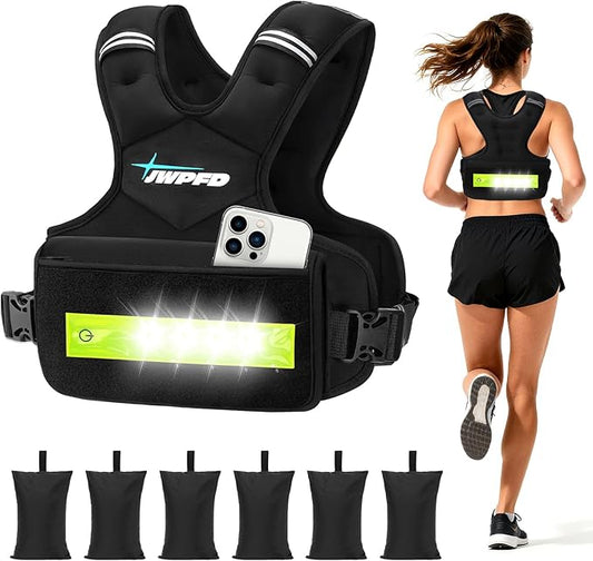 Adjustable Weighted Vest for Women Men, 6-15 Lbs Rucking Vest with LED Light Strips, Weight Vest with 6 Ironsand Weights, and Zipper Pocket for Strength Training, Walking, Running
