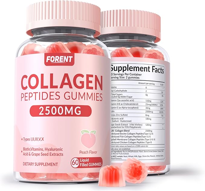 2500mg Centre-Filled Collagen Peptides Gummies for Women & Men with Biotin, Vitamin D3, Hyaluronic Acid | Supports Skin Hair Nails & Joints, Sugar-Less Colageno Hidrolizado for Women, 60 Servings