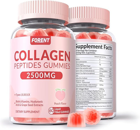2500mg Centre-Filled Collagen Peptides Gummies for Women & Men with Biotin, Vitamin D3, Hyaluronic Acid | Supports Skin Hair Nails & Joints, Sugar-Less Colageno Hidrolizado for Women, 60 Servings