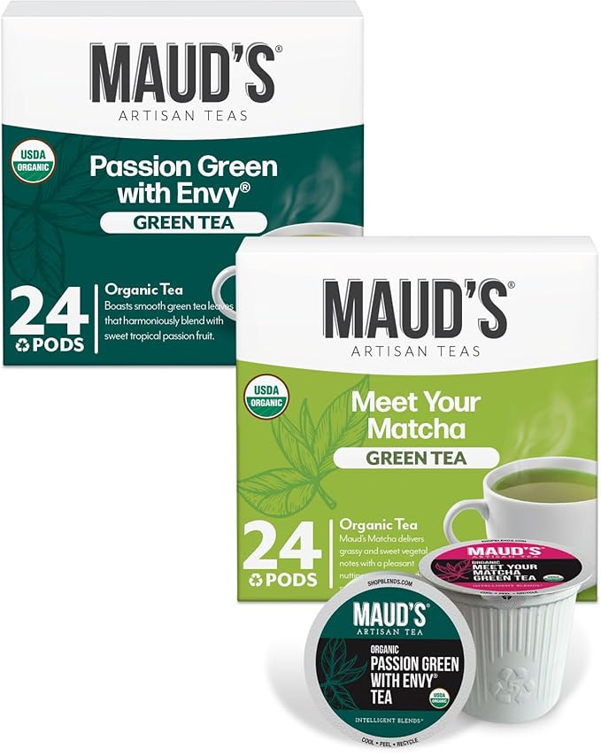 Maud's Organic Passion Green Tea Pods & Organic Matcha Green Tea Bundle, 48 ct, Recyclable Single Serve Tea Pods – 100% Gourmet Blended Tea Leaves, Compatible with Keurig K Cups Maker