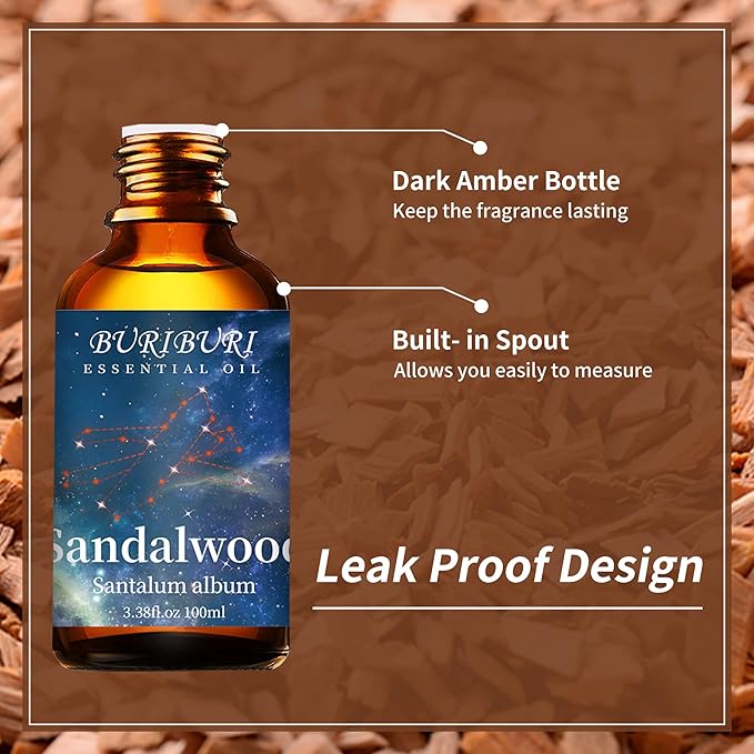 BURIBURI 100ML Sandalwood Essential Oil, 100% Pure Undiluted Aromatherapy Sandalwood Oil 3.38fl.oz for Soap, Candle Making, Massage, Diffuser, Humidifier