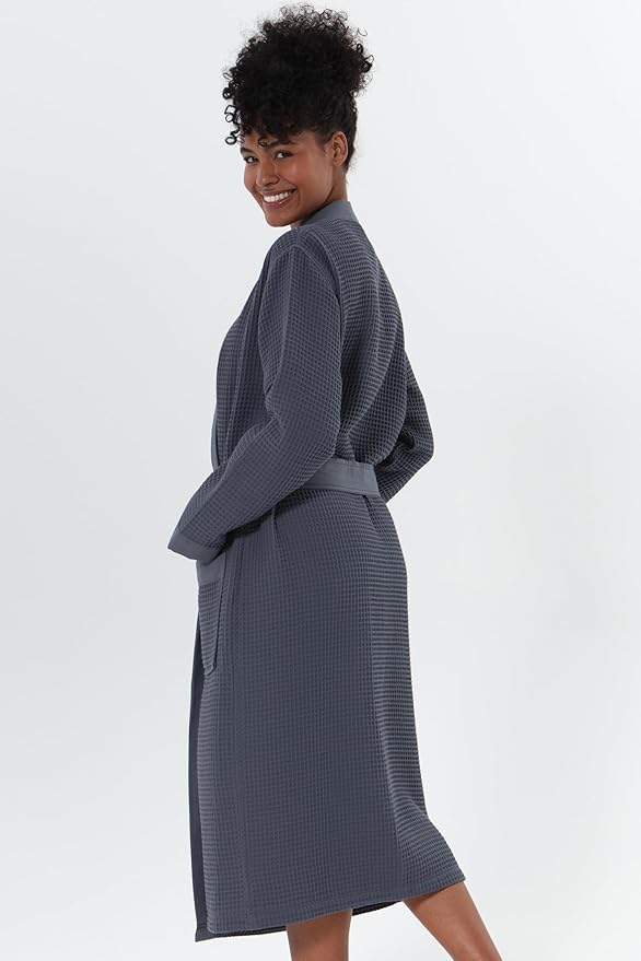 SEYANTE Women’s Luxury Waffle Shawl Collar, Hooded Robe w Piping – Lightweight, Long, Ultra Soft Spa Sleepwear Bathrobe