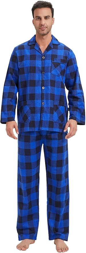 GLOBAL Men's Pajamas Sets 100% Cotton Flannel Sleepwear Long-Sleeve top & Bottom