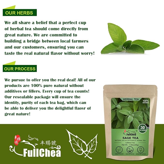 FullChea - Sage Tea Bags - 30 Count X 1.5g - Premium Natural Cut & Sifted Sage Leaf - Non-GMO - Caffeine-free - Rich in Antioxidants & Respiratory Support
