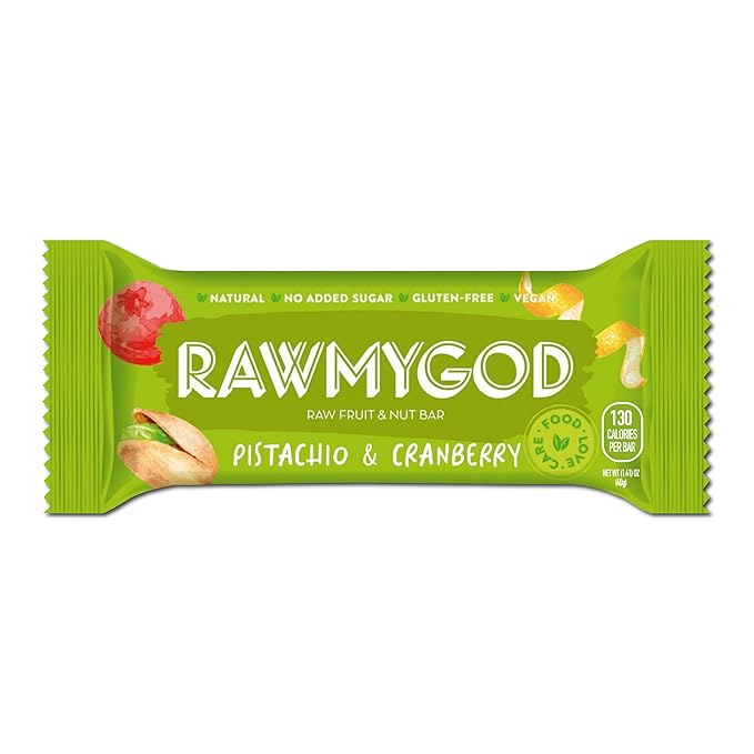 RAWMYGOD Fruit and Nut Bars, Gluten Free, Vegan, No Added Sugar (16 bars, Pistachio & Cranberry)