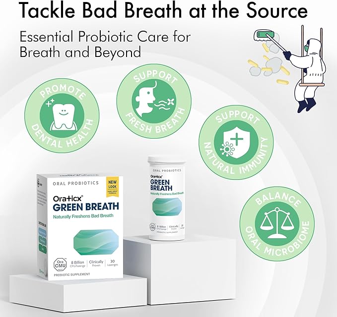 OraTicx Green Breath Oral Care Probiotics, Naturally Support Freshens Bad Breath & Healthy Mouth, Dental Probiotic Supplement 8 Billion CFU, Mint Flavor 30 Lozenges 1-PK