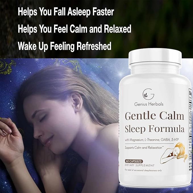 Gentle Calm Sleep Formula with Magnesium, L-Theanine, Melatonin, GABA, 5-Htp | Sleep Aid | Non-GMO - 60 Capsules