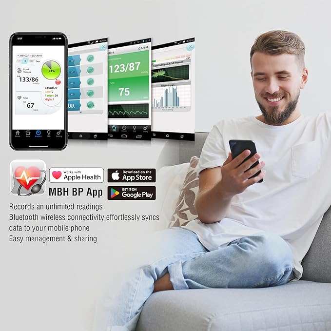 MbH Bluetooth Blood Pressure Monitor- Wireless Upper Arm Cuff BP Monitor for Home Use, IHB and AF Detection, Ultra-Light and Portable, Includes App for iOS & Android