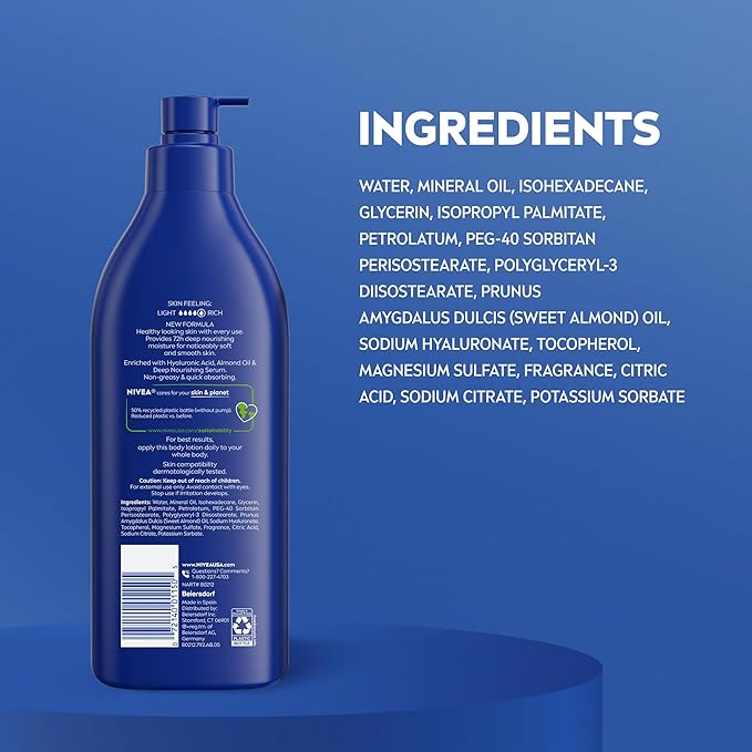 NIVEA Essentially Enriched Body Lotion for Very Dry Skin with Hyaluronic Acid, Almond Oil and Deep Nourishing Serum, 72-Hour Body Moisturizer, 16.9 Fl Oz Pump Bottle
