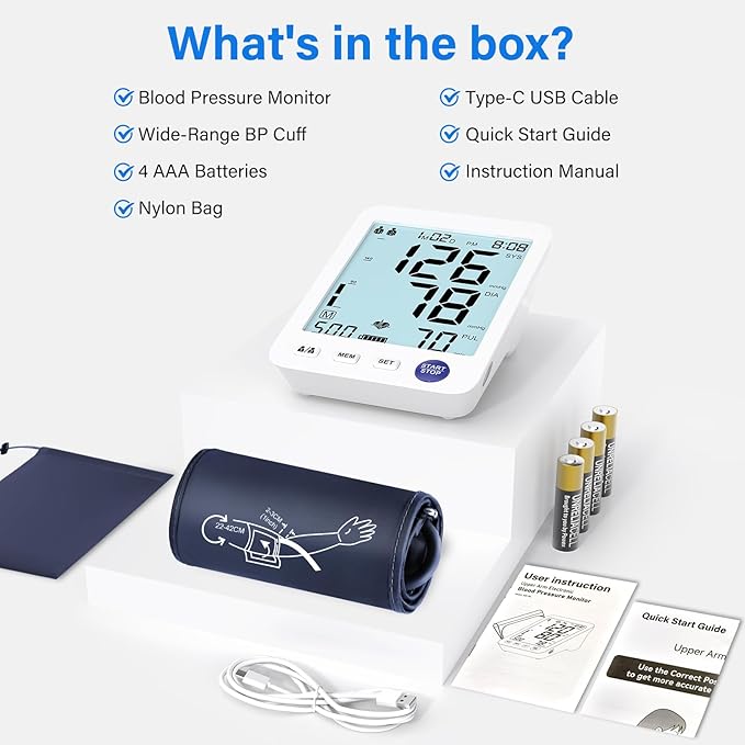 ADKING Upper Arm Blood Pressure Monitor Home Use LCD Backlit Screen,Large Cuff,2 User Mode 500 Memories,Two Power Options,4xAAA Batteries (Light Blue)