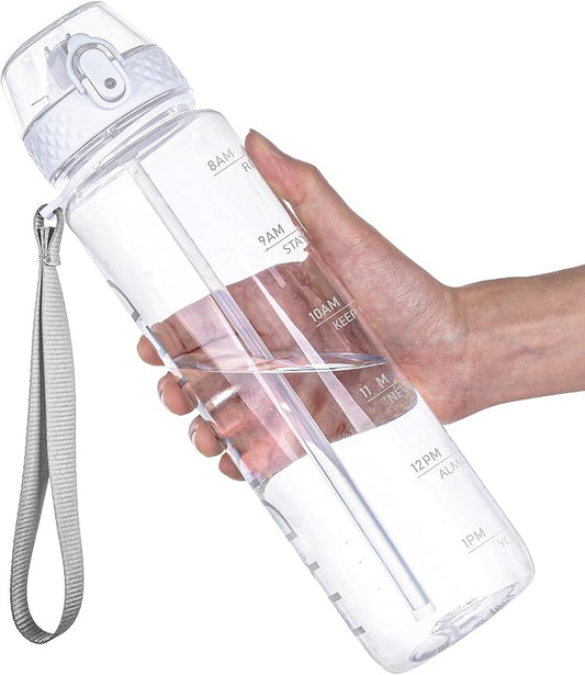 GOPPUS Water Bottle,Clear Water Bottles with Straw,32oz Sports Bottle With Time Markers-BPA-Free Tritan Wide Mouth Bottle Leakproof Motivational wate bottles for Gym,Hiking,School or Office(1 Bottle)