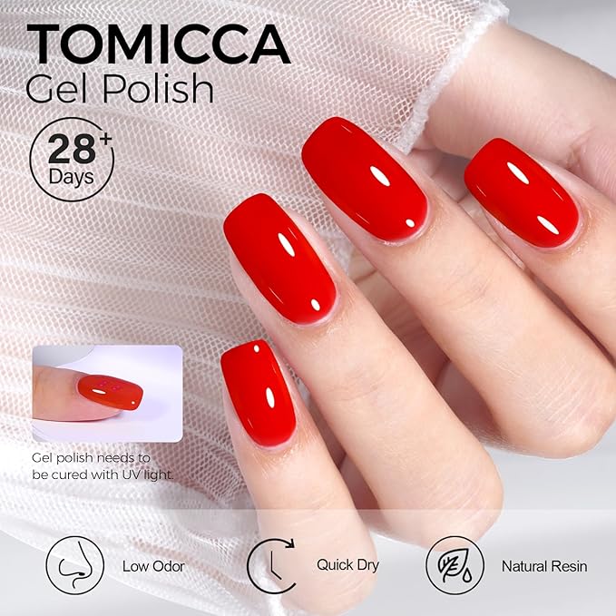 TOMICCA Red Gel Nail Polish,15ml Bright Red Gel Polish,Soak Off UV LED Cure Needed，Pure Color Long Lasting Nail Art Manicure Salon DIY Design
