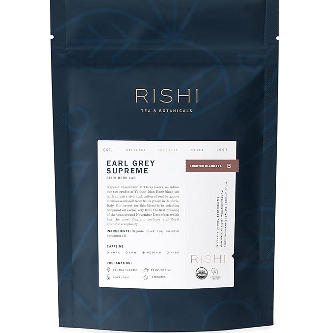 Rishi Tea Earl Grey Supreme Tea - Organic, Caffeinated Loose Leaf Tea with Bergamot Oil and Top Grade Yunnan Black Tea - 4 Ounces, 12+ Servings