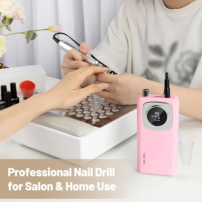 Rechargeable Electric Nail File Professional: Madenia 45000RPM Portable Efile Nail Drill Kit, Cordless E File Nail Drill Machine for Acrylic Gel Nails Salon Home Manicure Use, Pink
