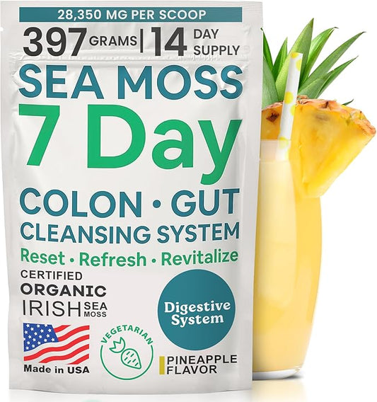 Atlantic Naturals Sea Moss 7-Day Colon & Gut Purification - Golden Flax Seeds, Psyllium Husk, Senna Powder, for Women & Men - Pineapple Flavor Drink Mix (14 oz)