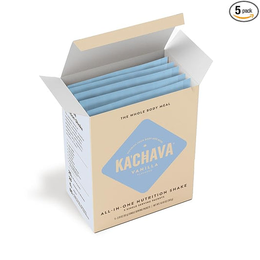 Ka’Chava Whole Body Meal Shake Vanilla, 5-Count Travel Size Sachets – Vegan Protein Powder with 85+ Superfoods – Plant-Based Meal Replacement with Probiotics & Digestive Enzymes – Gluten & Dairy Free