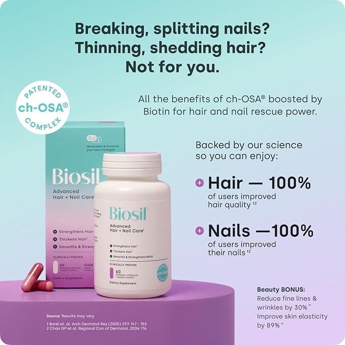 Biosil Advanced Hair + Nail Care - Growth Vitamins for Women - Strengthen & Thicken Strands - 120 Capsules - Patented ch-OSA - 60-Day Supply