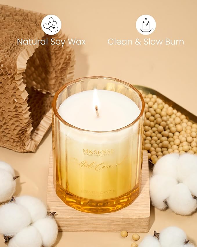 M&SENSE Salted Caramel Fall Scented Candle - 10.6oz Organic Natural Soy Wax Non Toxic 60-Hour Slow Burning Highly Scented Candle for Home Fragrance, Holiday & Thanksgiving