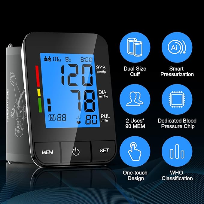 Accurate Digital BP Machine - Automatic Blood Pressure Monitor with XL Cuff (13-21") & M/L Cuff (9-17") for Big/Medium Arms, Large Backlit LCD Display, 360° Adjustable & Portable for Adults