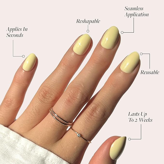 Glamnetic Press On Nails - Pastel Yellow | Short Oval Yellow Fake Nails with Glossy Finish, Salon Quality| 15 Sizes - 30 Nail Kit with Glue