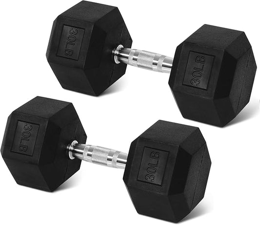 Rubber Encased Hex Weights Dumbbells Set of 5 – 50 lb Pair | Cast Iron Hand Weights with Anti-Slip Grip for Home Gym Strength Training