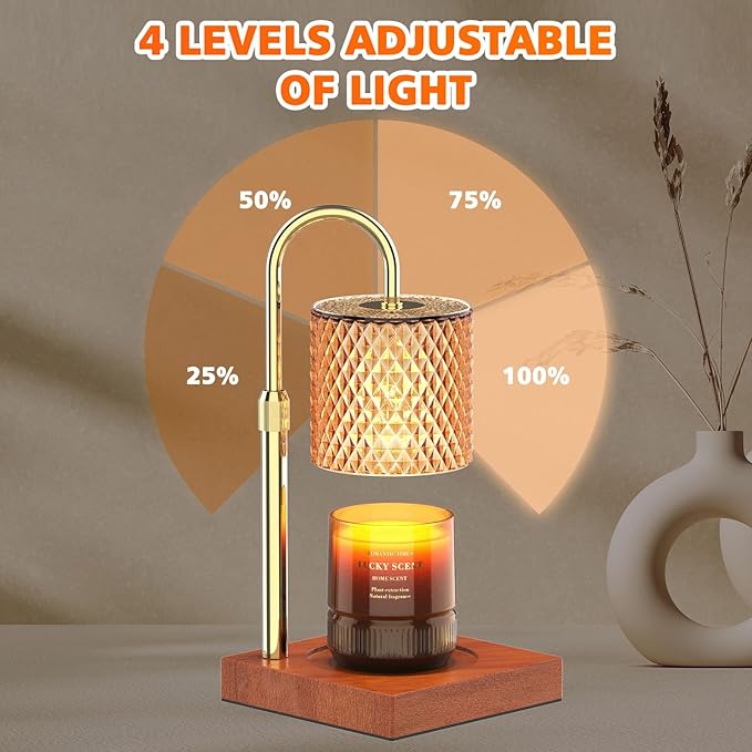 RAINBEAN Candle Warmer Lamp, Adjustable Height Electric Candle Warmer Light with Timer and Dimmer Vintage Wax Melter for Jar Candles Home Decor Gifts (Amber Glass and Walnut Wood)